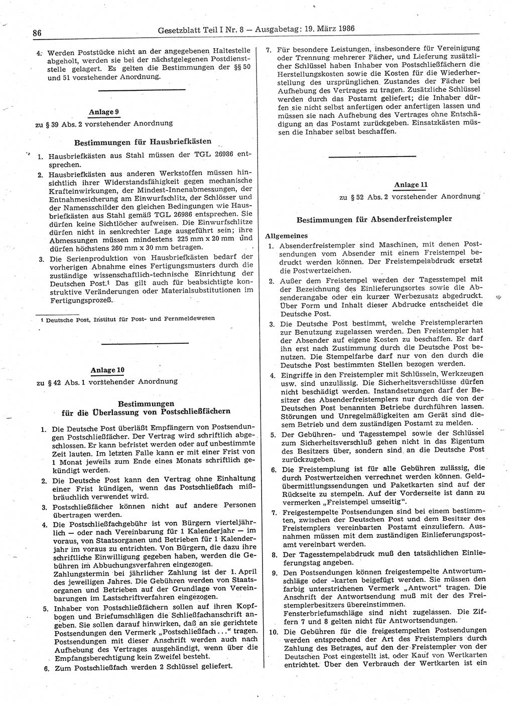 Gesetzblatt (GBl.) der Deutschen Demokratischen Republik (DDR) Teil Ⅰ 1986, Seite 86 (GBl. DDR Ⅰ 1986, S. 86)