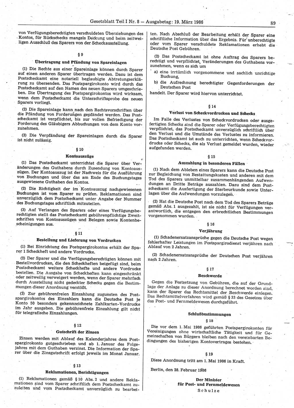 Gesetzblatt (GBl.) der Deutschen Demokratischen Republik (DDR) Teil Ⅰ 1986, Seite 89 (GBl. DDR Ⅰ 1986, S. 89)