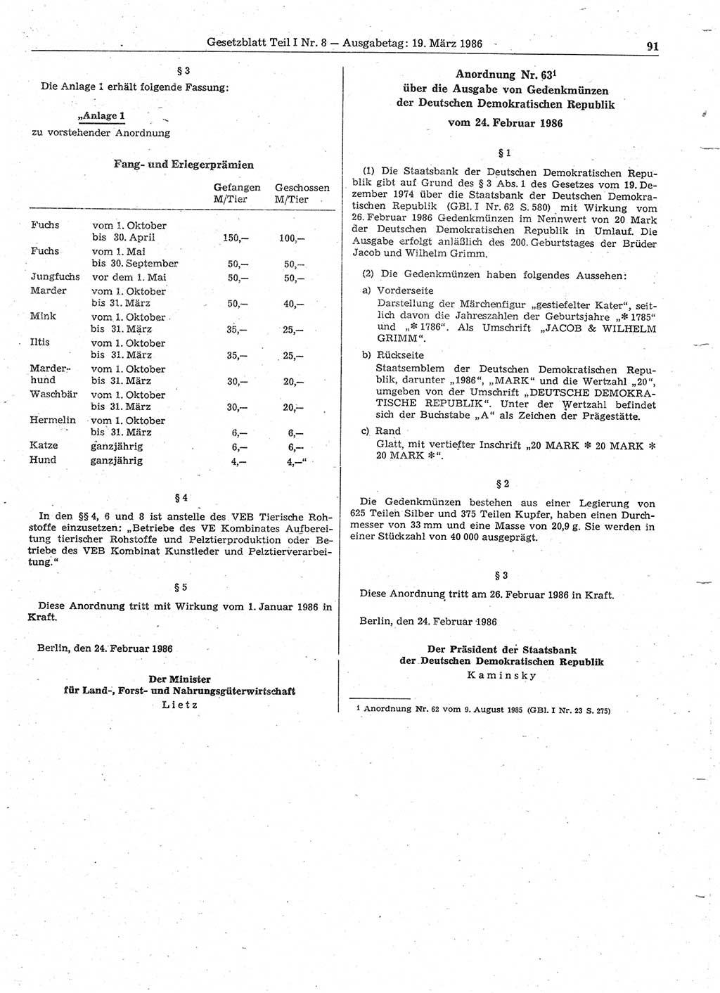 Gesetzblatt (GBl.) der Deutschen Demokratischen Republik (DDR) Teil Ⅰ 1986, Seite 91 (GBl. DDR Ⅰ 1986, S. 91)