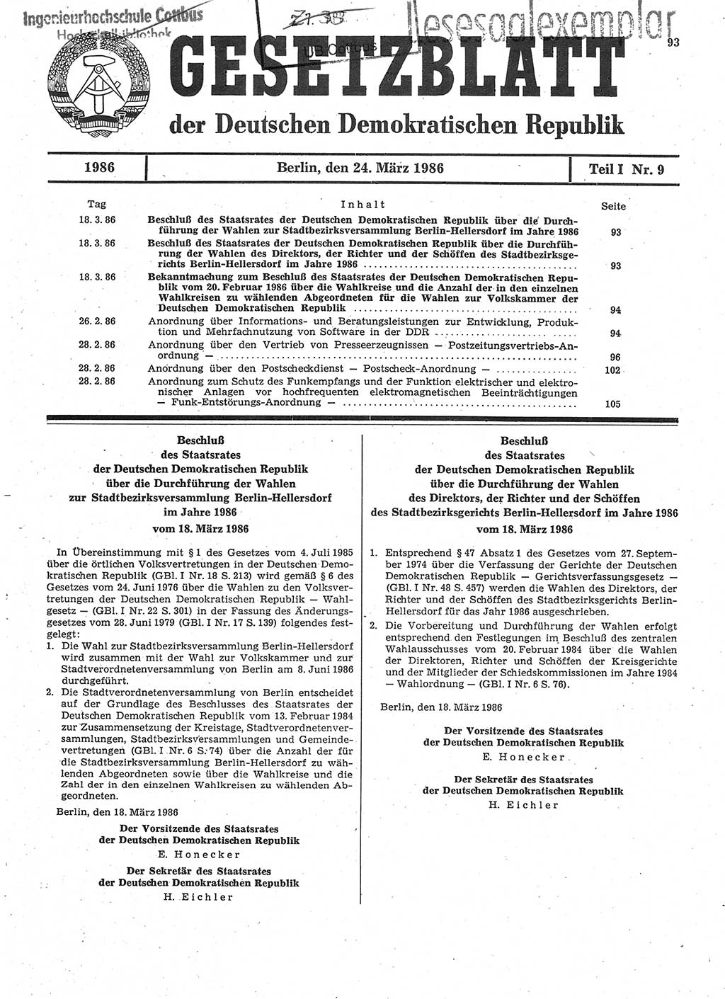 Gesetzblatt (GBl.) der Deutschen Demokratischen Republik (DDR) Teil Ⅰ 1986, Seite 93 (GBl. DDR Ⅰ 1986, S. 93)