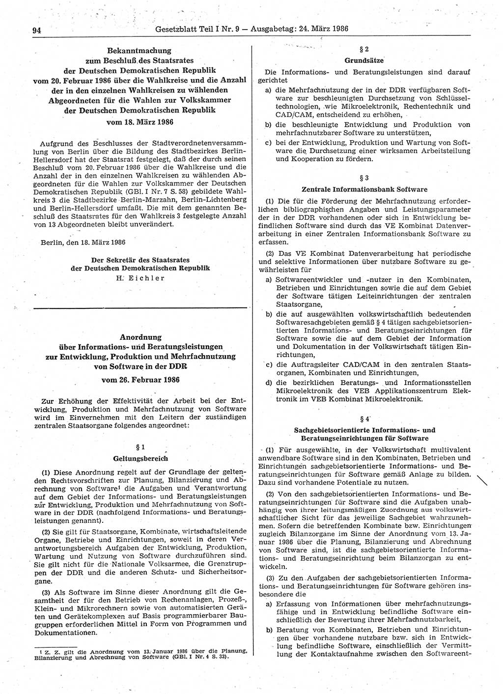 Gesetzblatt (GBl.) der Deutschen Demokratischen Republik (DDR) Teil Ⅰ 1986, Seite 94 (GBl. DDR Ⅰ 1986, S. 94)