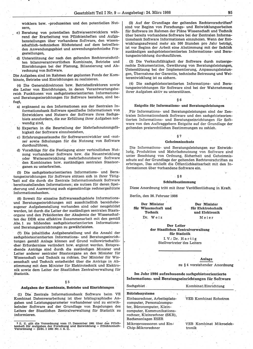 Gesetzblatt (GBl.) der Deutschen Demokratischen Republik (DDR) Teil Ⅰ 1986, Seite 95 (GBl. DDR Ⅰ 1986, S. 95)