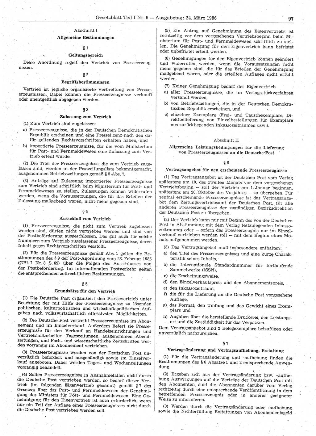 Gesetzblatt (GBl.) der Deutschen Demokratischen Republik (DDR) Teil Ⅰ 1986, Seite 97 (GBl. DDR Ⅰ 1986, S. 97)