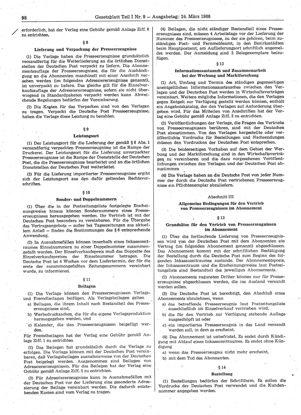 Gesetzblatt (GBl.) der Deutschen Demokratischen Republik (DDR) Teil Ⅰ 1986, Seite 98 (GBl. DDR Ⅰ 1986, S. 98)