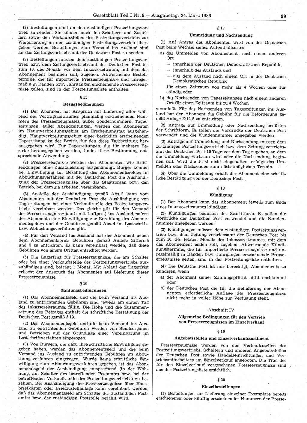 Gesetzblatt (GBl.) der Deutschen Demokratischen Republik (DDR) Teil Ⅰ 1986, Seite 99 (GBl. DDR Ⅰ 1986, S. 99)