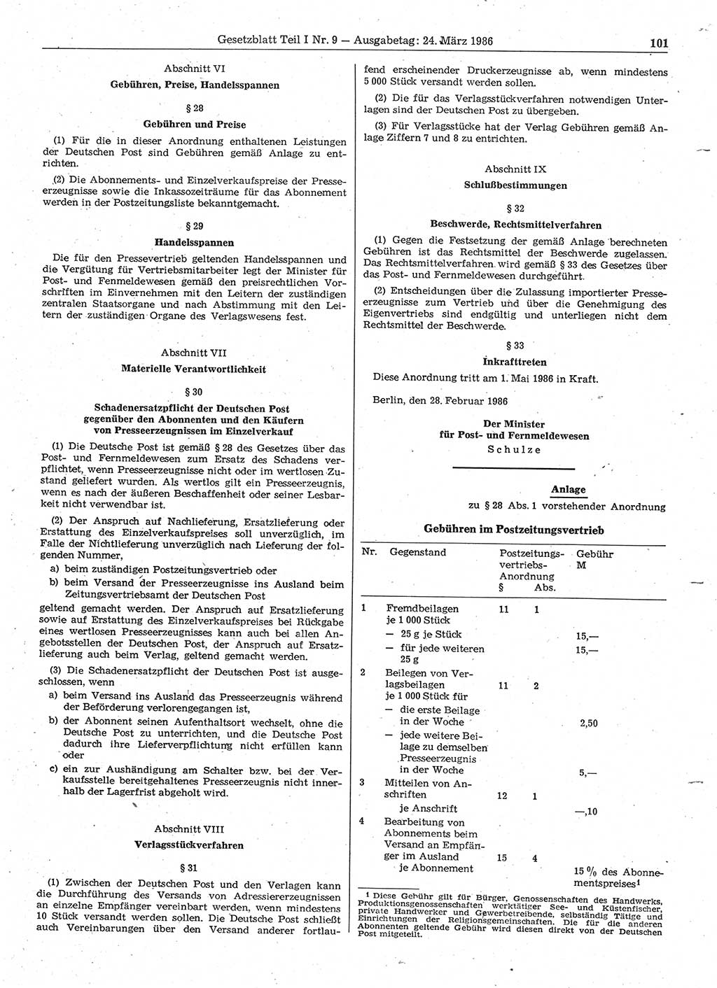 Gesetzblatt (GBl.) der Deutschen Demokratischen Republik (DDR) Teil Ⅰ 1986, Seite 101 (GBl. DDR Ⅰ 1986, S. 101)