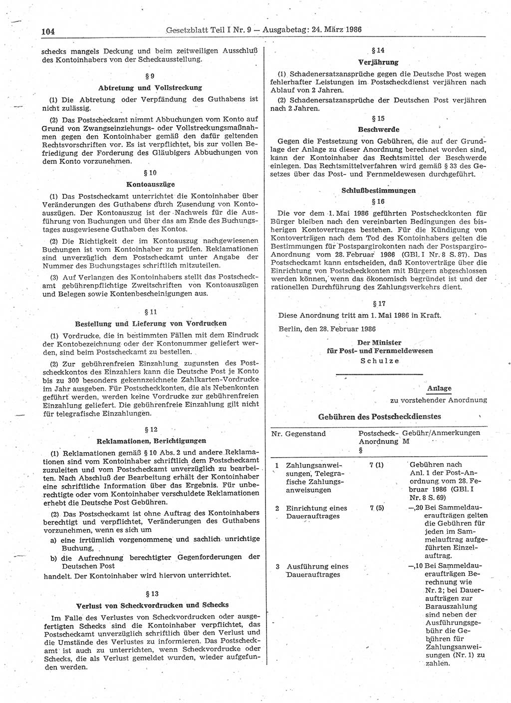 Gesetzblatt (GBl.) der Deutschen Demokratischen Republik (DDR) Teil Ⅰ 1986, Seite 104 (GBl. DDR Ⅰ 1986, S. 104)
