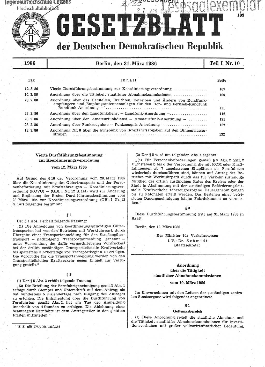 Gesetzblatt (GBl.) der Deutschen Demokratischen Republik (DDR) Teil Ⅰ 1986, Seite 109 (GBl. DDR Ⅰ 1986, S. 109)