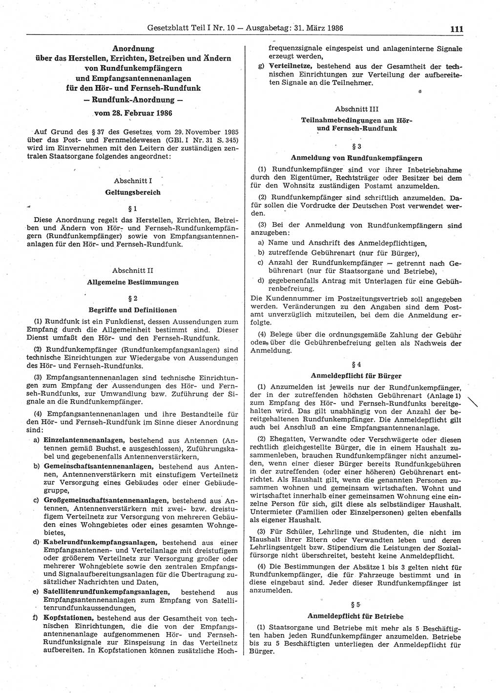 Gesetzblatt (GBl.) der Deutschen Demokratischen Republik (DDR) Teil Ⅰ 1986, Seite 111 (GBl. DDR Ⅰ 1986, S. 111)