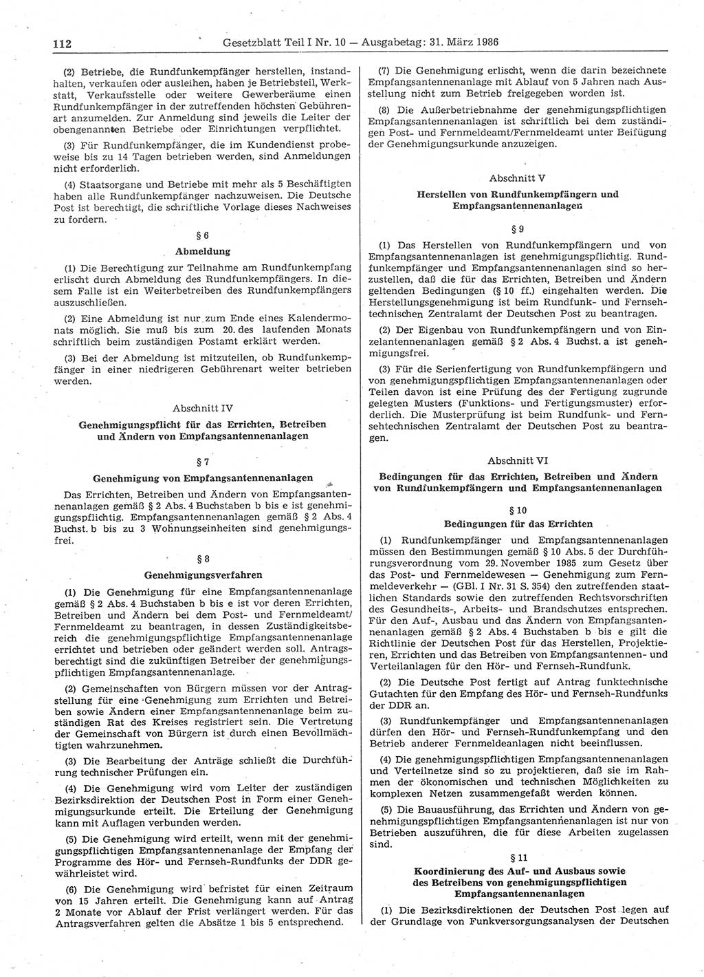 Gesetzblatt (GBl.) der Deutschen Demokratischen Republik (DDR) Teil Ⅰ 1986, Seite 112 (GBl. DDR Ⅰ 1986, S. 112)