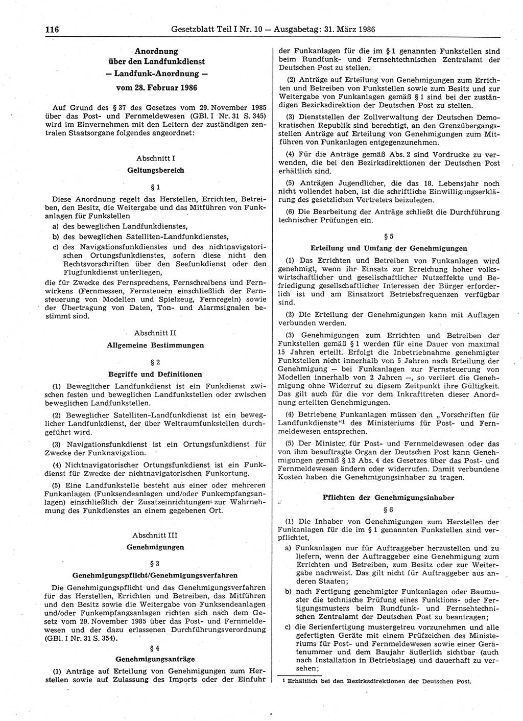 Gesetzblatt (GBl.) der Deutschen Demokratischen Republik (DDR) Teil Ⅰ 1986, Seite 116 (GBl. DDR Ⅰ 1986, S. 116)