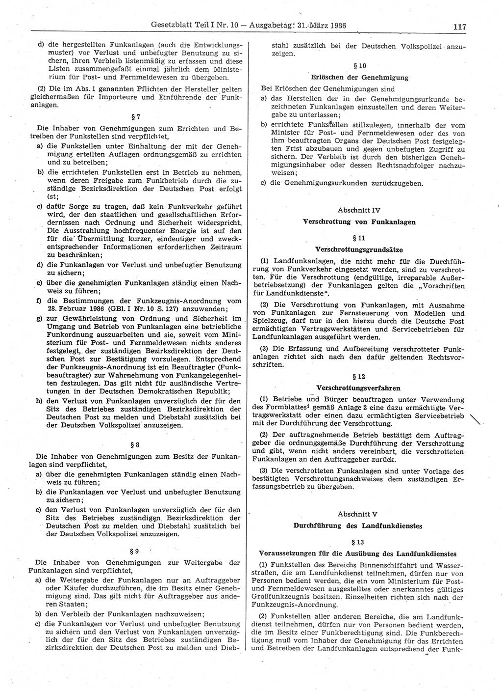 Gesetzblatt (GBl.) der Deutschen Demokratischen Republik (DDR) Teil Ⅰ 1986, Seite 117 (GBl. DDR Ⅰ 1986, S. 117)