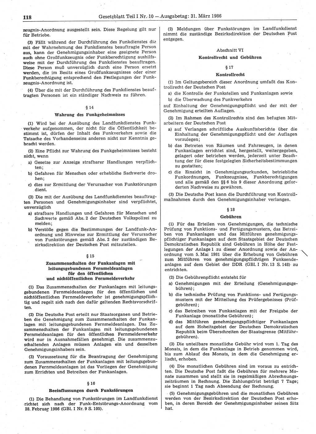 Gesetzblatt (GBl.) der Deutschen Demokratischen Republik (DDR) Teil Ⅰ 1986, Seite 118 (GBl. DDR Ⅰ 1986, S. 118)