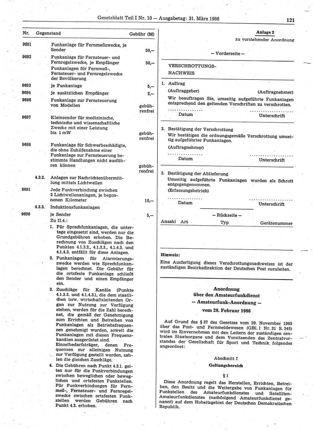Gesetzblatt (GBl.) der Deutschen Demokratischen Republik (DDR) Teil Ⅰ 1986, Seite 121 (GBl. DDR Ⅰ 1986, S. 121)