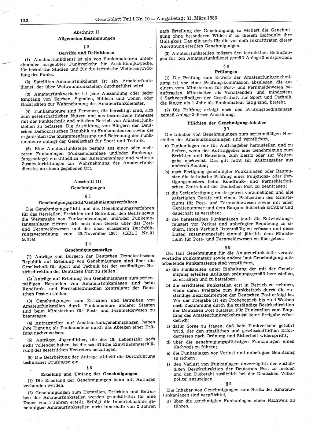 Gesetzblatt (GBl.) der Deutschen Demokratischen Republik (DDR) Teil Ⅰ 1986, Seite 122 (GBl. DDR Ⅰ 1986, S. 122)