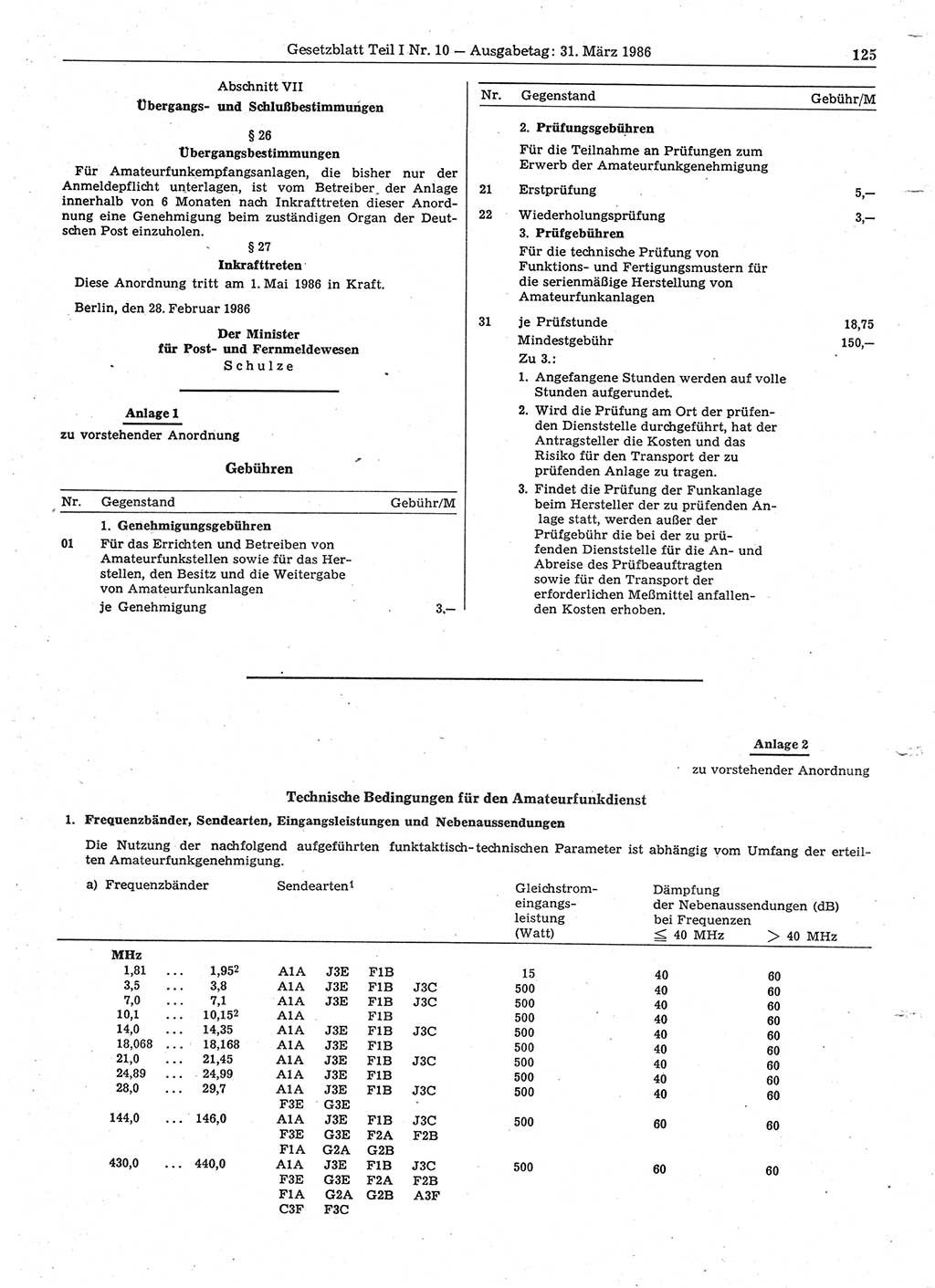 Gesetzblatt (GBl.) der Deutschen Demokratischen Republik (DDR) Teil Ⅰ 1986, Seite 125 (GBl. DDR Ⅰ 1986, S. 125)