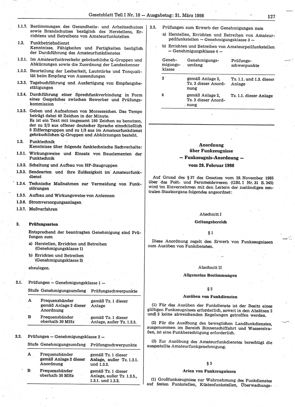 Gesetzblatt (GBl.) der Deutschen Demokratischen Republik (DDR) Teil Ⅰ 1986, Seite 127 (GBl. DDR Ⅰ 1986, S. 127)