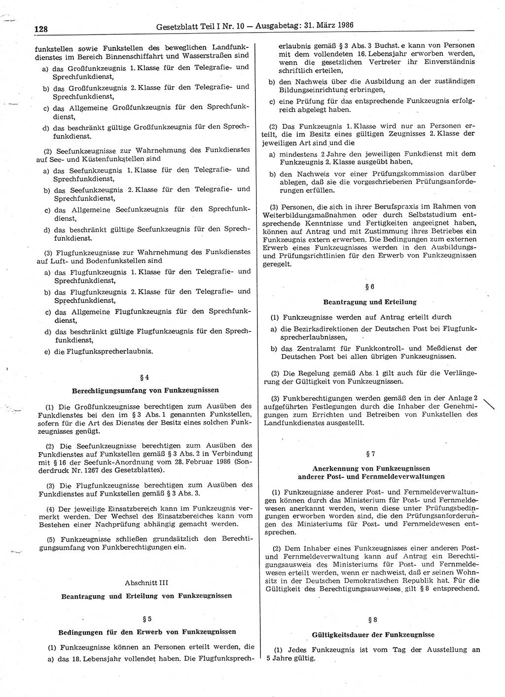Gesetzblatt (GBl.) der Deutschen Demokratischen Republik (DDR) Teil Ⅰ 1986, Seite 128 (GBl. DDR Ⅰ 1986, S. 128)