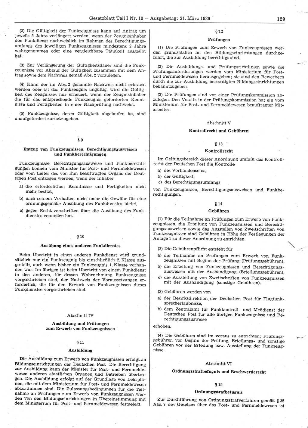 Gesetzblatt (GBl.) der Deutschen Demokratischen Republik (DDR) Teil Ⅰ 1986, Seite 129 (GBl. DDR Ⅰ 1986, S. 129)