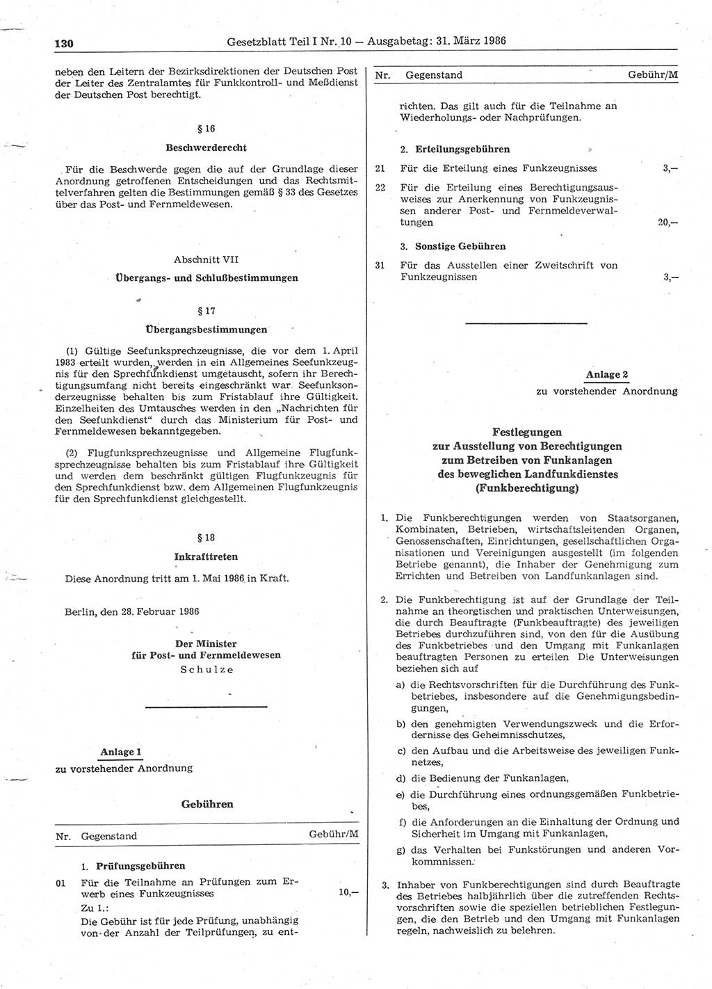 Gesetzblatt (GBl.) der Deutschen Demokratischen Republik (DDR) Teil Ⅰ 1986, Seite 130 (GBl. DDR Ⅰ 1986, S. 130)