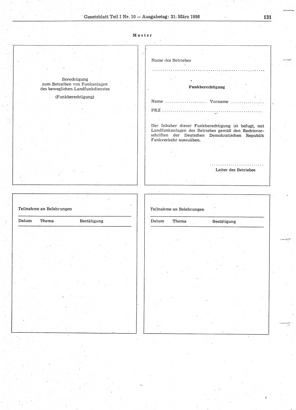 Gesetzblatt (GBl.) der Deutschen Demokratischen Republik (DDR) Teil Ⅰ 1986, Seite 131 (GBl. DDR Ⅰ 1986, S. 131)