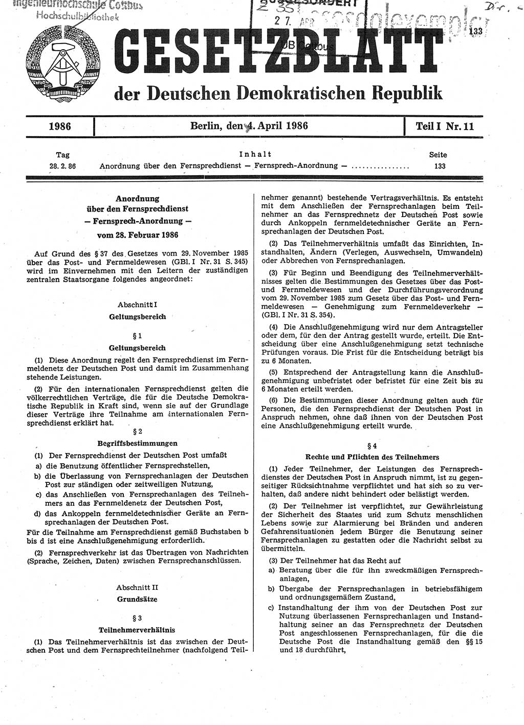 Gesetzblatt (GBl.) der Deutschen Demokratischen Republik (DDR) Teil Ⅰ 1986, Seite 133 (GBl. DDR Ⅰ 1986, S. 133)