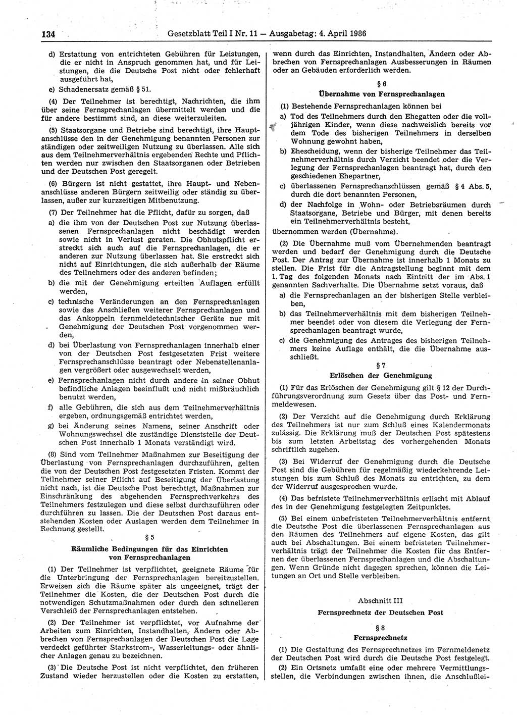 Gesetzblatt (GBl.) der Deutschen Demokratischen Republik (DDR) Teil Ⅰ 1986, Seite 134 (GBl. DDR Ⅰ 1986, S. 134)