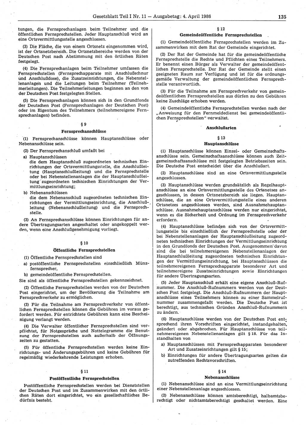 Gesetzblatt (GBl.) der Deutschen Demokratischen Republik (DDR) Teil Ⅰ 1986, Seite 135 (GBl. DDR Ⅰ 1986, S. 135)