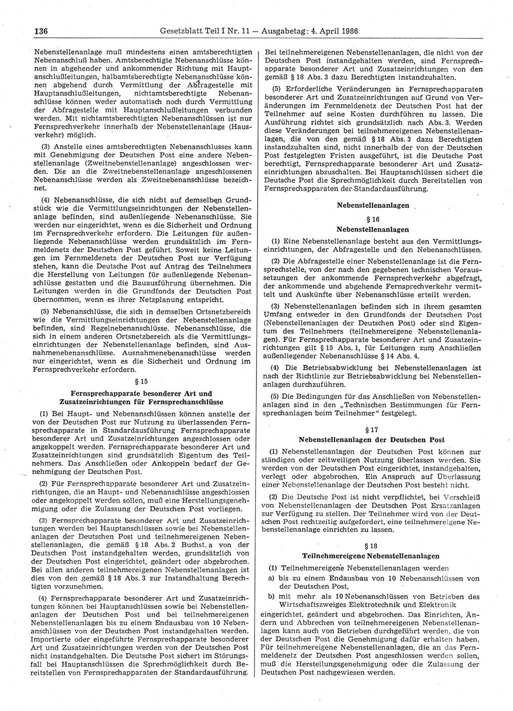 Gesetzblatt (GBl.) der Deutschen Demokratischen Republik (DDR) Teil Ⅰ 1986, Seite 136 (GBl. DDR Ⅰ 1986, S. 136)