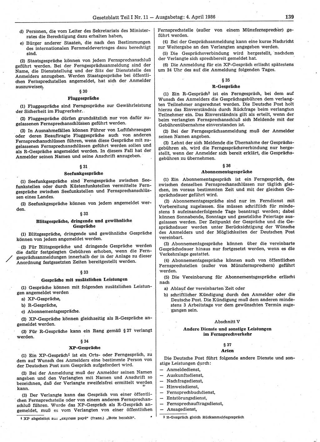 Gesetzblatt (GBl.) der Deutschen Demokratischen Republik (DDR) Teil Ⅰ 1986, Seite 139 (GBl. DDR Ⅰ 1986, S. 139)