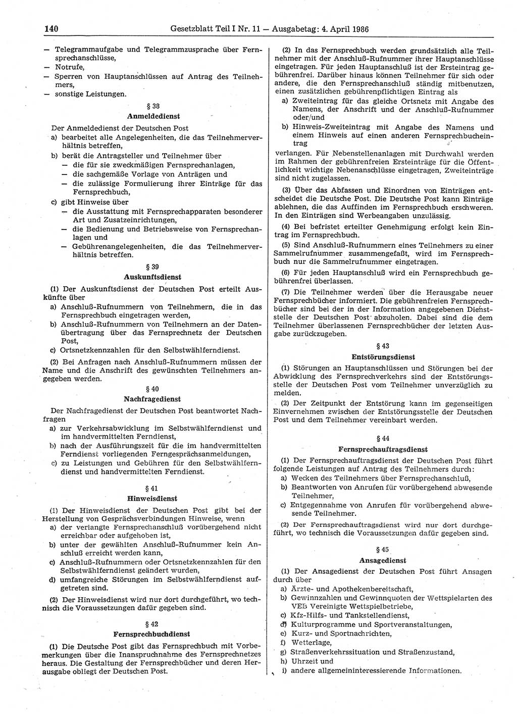 Gesetzblatt (GBl.) der Deutschen Demokratischen Republik (DDR) Teil Ⅰ 1986, Seite 140 (GBl. DDR Ⅰ 1986, S. 140)