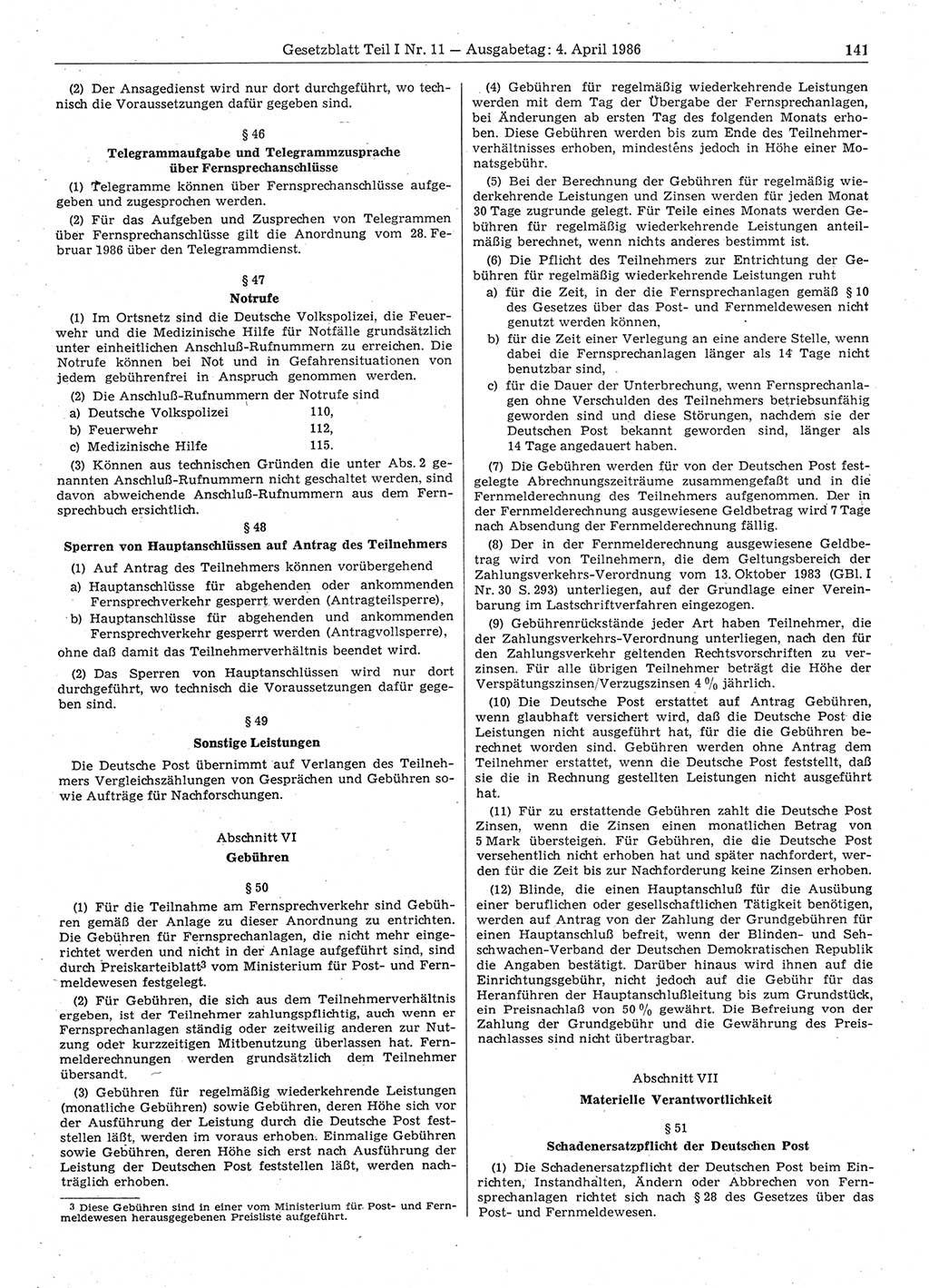 Gesetzblatt (GBl.) der Deutschen Demokratischen Republik (DDR) Teil Ⅰ 1986, Seite 141 (GBl. DDR Ⅰ 1986, S. 141)