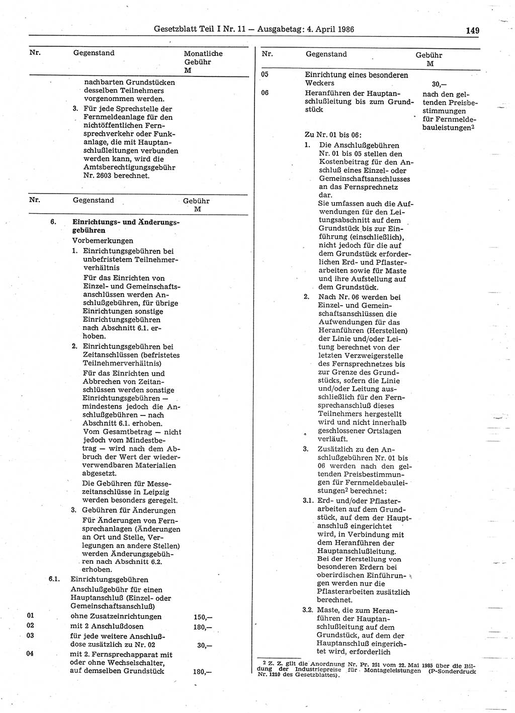 Gesetzblatt (GBl.) der Deutschen Demokratischen Republik (DDR) Teil Ⅰ 1986, Seite 149 (GBl. DDR Ⅰ 1986, S. 149)