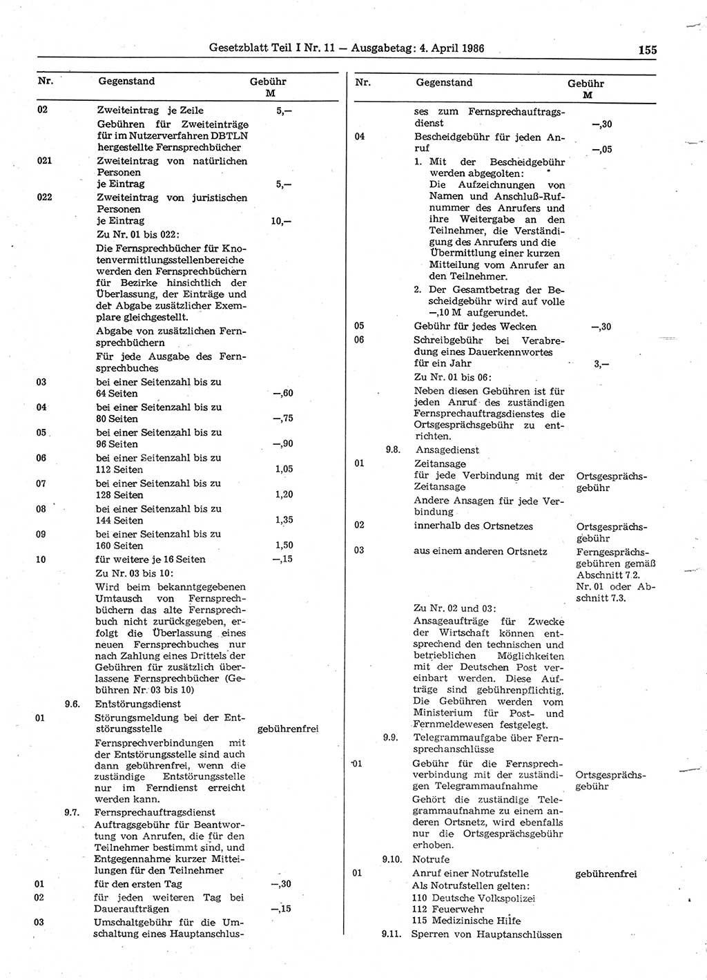 Gesetzblatt (GBl.) der Deutschen Demokratischen Republik (DDR) Teil Ⅰ 1986, Seite 155 (GBl. DDR Ⅰ 1986, S. 155)