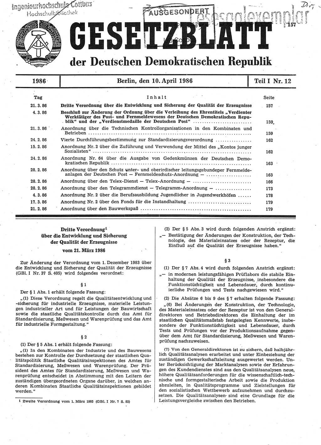 Gesetzblatt (GBl.) der Deutschen Demokratischen Republik (DDR) Teil Ⅰ 1986, Seite 157 (GBl. DDR Ⅰ 1986, S. 157)