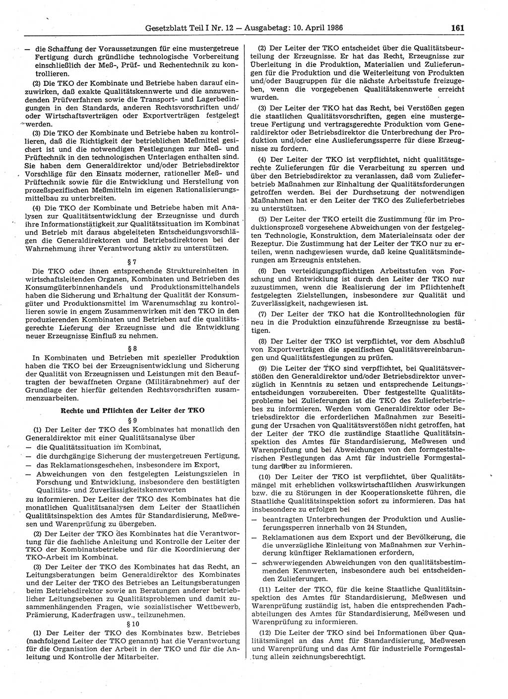 Gesetzblatt (GBl.) der Deutschen Demokratischen Republik (DDR) Teil Ⅰ 1986, Seite 161 (GBl. DDR Ⅰ 1986, S. 161)
