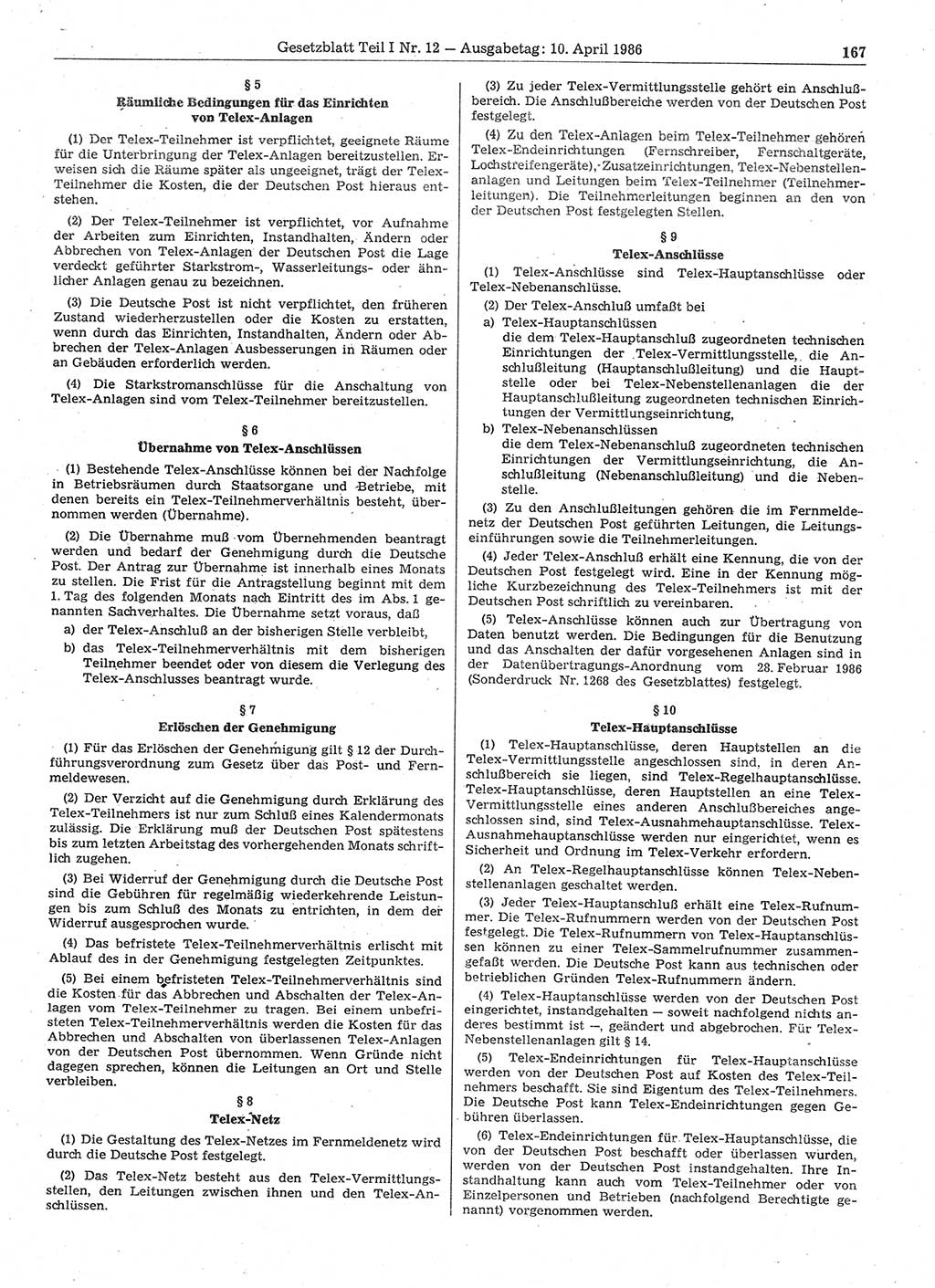 Gesetzblatt (GBl.) der Deutschen Demokratischen Republik (DDR) Teil Ⅰ 1986, Seite 167 (GBl. DDR Ⅰ 1986, S. 167)
