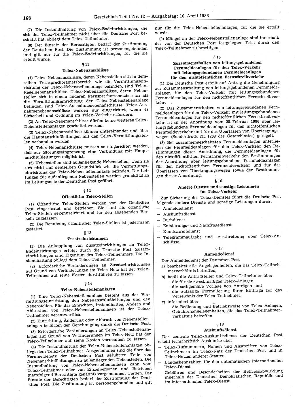 Gesetzblatt (GBl.) der Deutschen Demokratischen Republik (DDR) Teil Ⅰ 1986, Seite 168 (GBl. DDR Ⅰ 1986, S. 168)