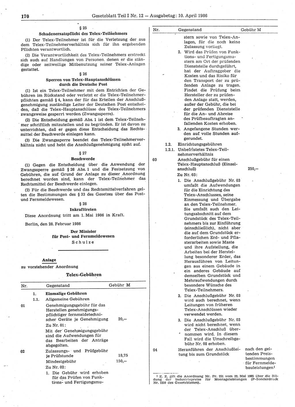 Gesetzblatt (GBl.) der Deutschen Demokratischen Republik (DDR) Teil Ⅰ 1986, Seite 170 (GBl. DDR Ⅰ 1986, S. 170)