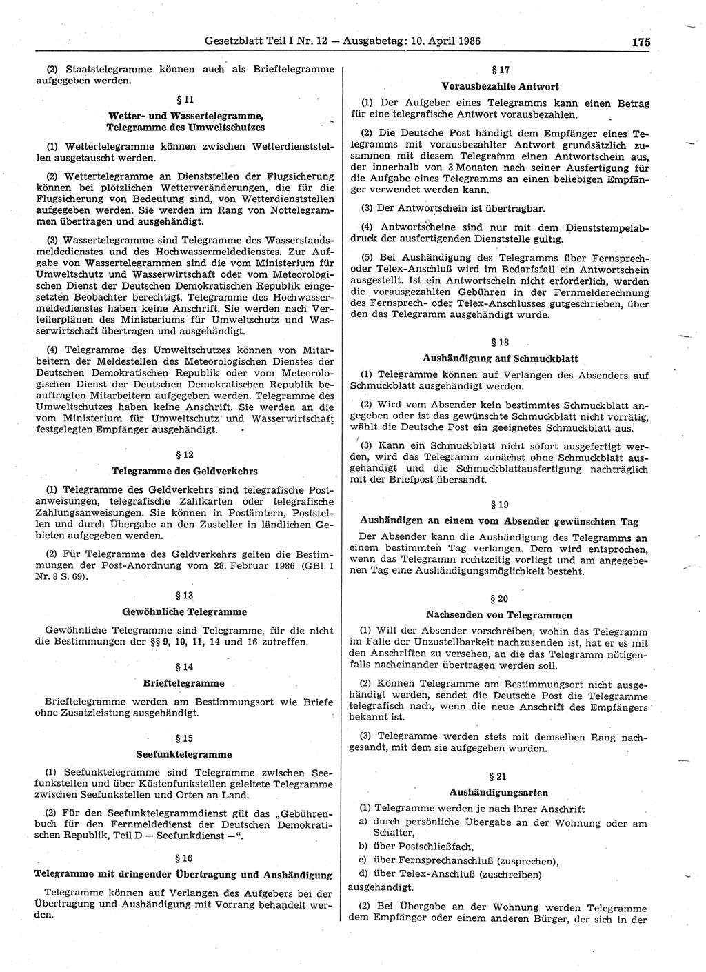 Gesetzblatt (GBl.) der Deutschen Demokratischen Republik (DDR) Teil Ⅰ 1986, Seite 175 (GBl. DDR Ⅰ 1986, S. 175)