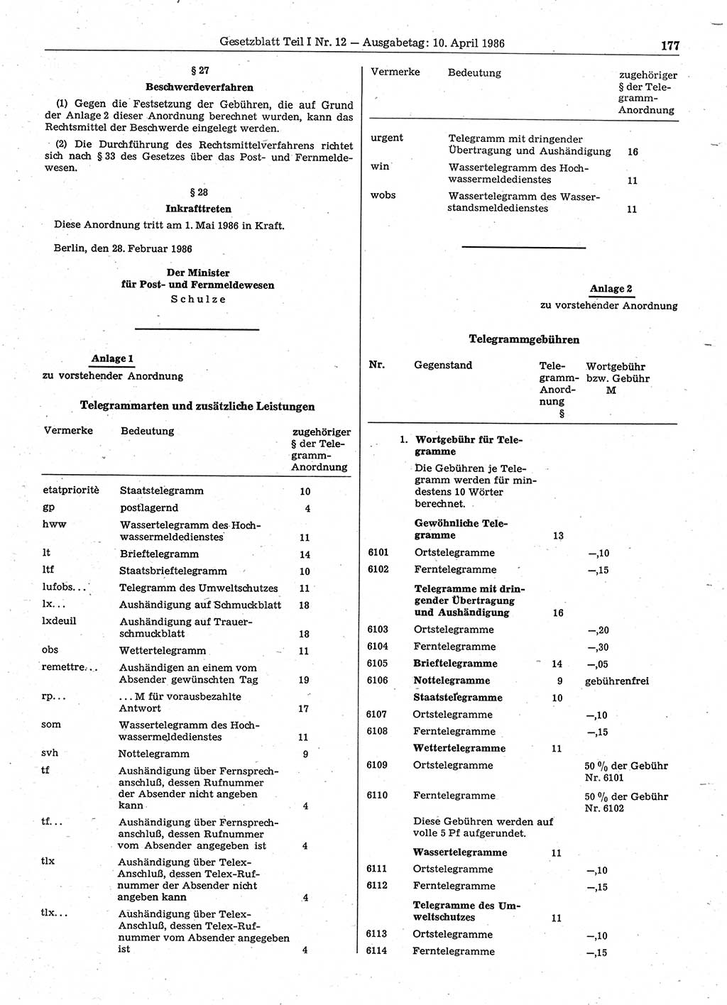 Gesetzblatt (GBl.) der Deutschen Demokratischen Republik (DDR) Teil Ⅰ 1986, Seite 177 (GBl. DDR Ⅰ 1986, S. 177)