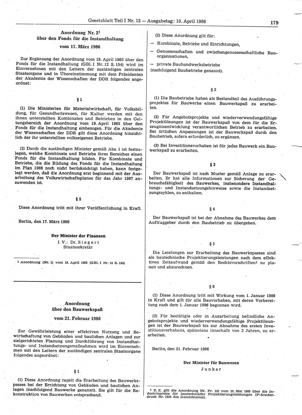 Gesetzblatt (GBl.) der Deutschen Demokratischen Republik (DDR) Teil Ⅰ 1986, Seite 179 (GBl. DDR Ⅰ 1986, S. 179)