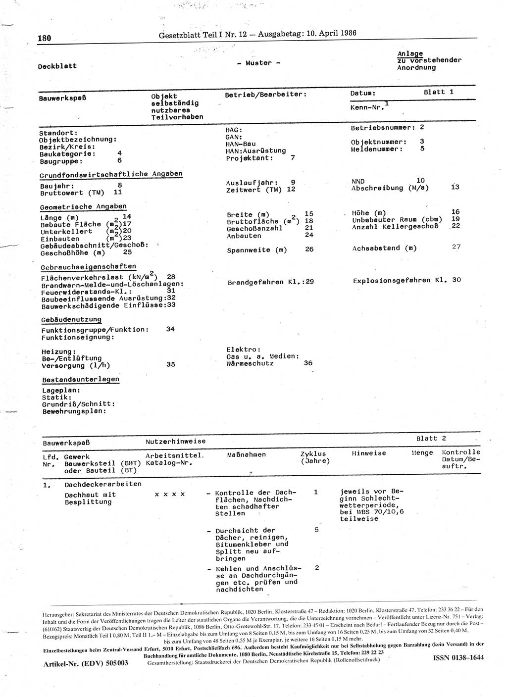 Gesetzblatt (GBl.) der Deutschen Demokratischen Republik (DDR) Teil Ⅰ 1986, Seite 180 (GBl. DDR Ⅰ 1986, S. 180)