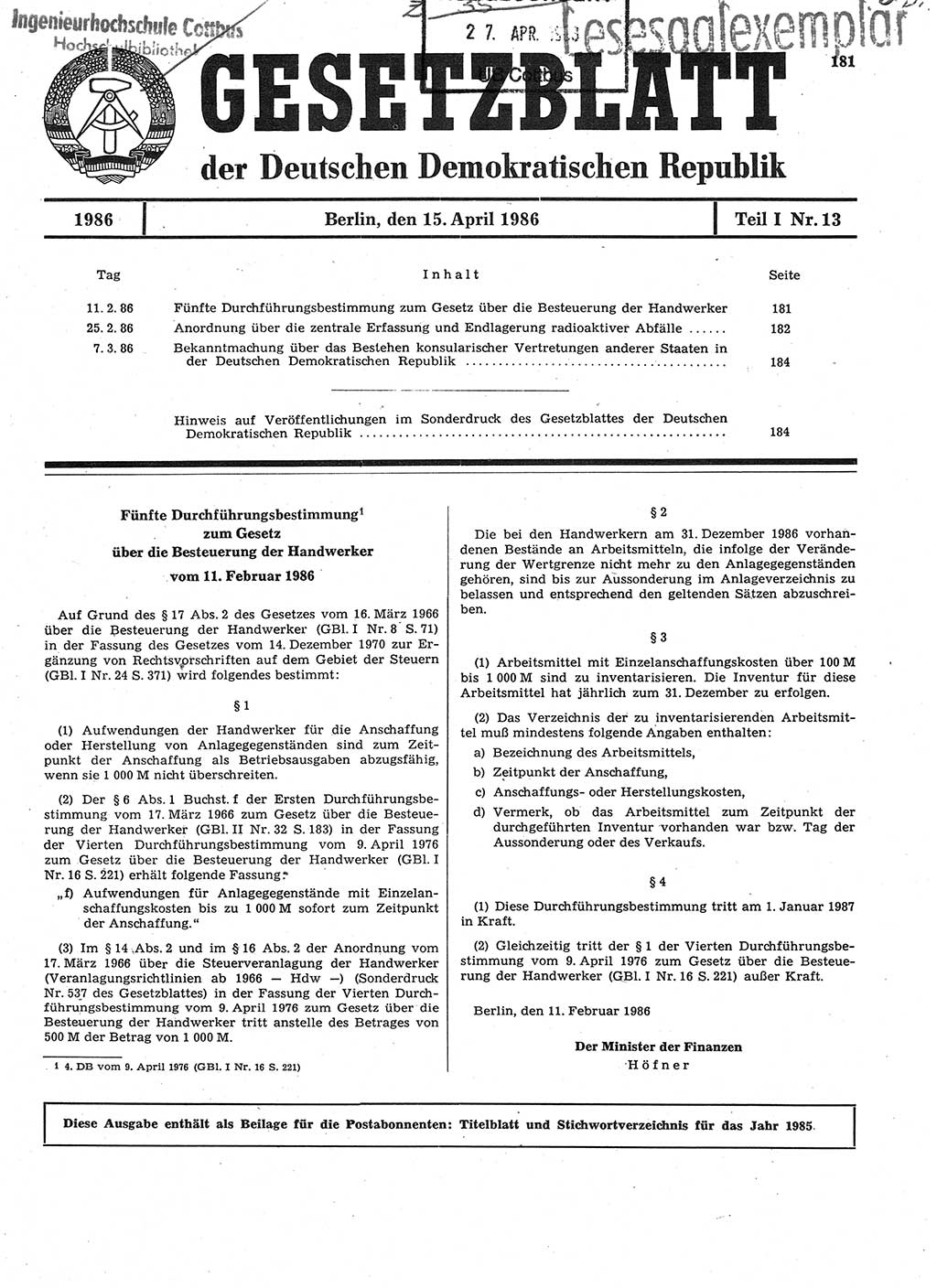 Gesetzblatt (GBl.) der Deutschen Demokratischen Republik (DDR) Teil Ⅰ 1986, Seite 181 (GBl. DDR Ⅰ 1986, S. 181)