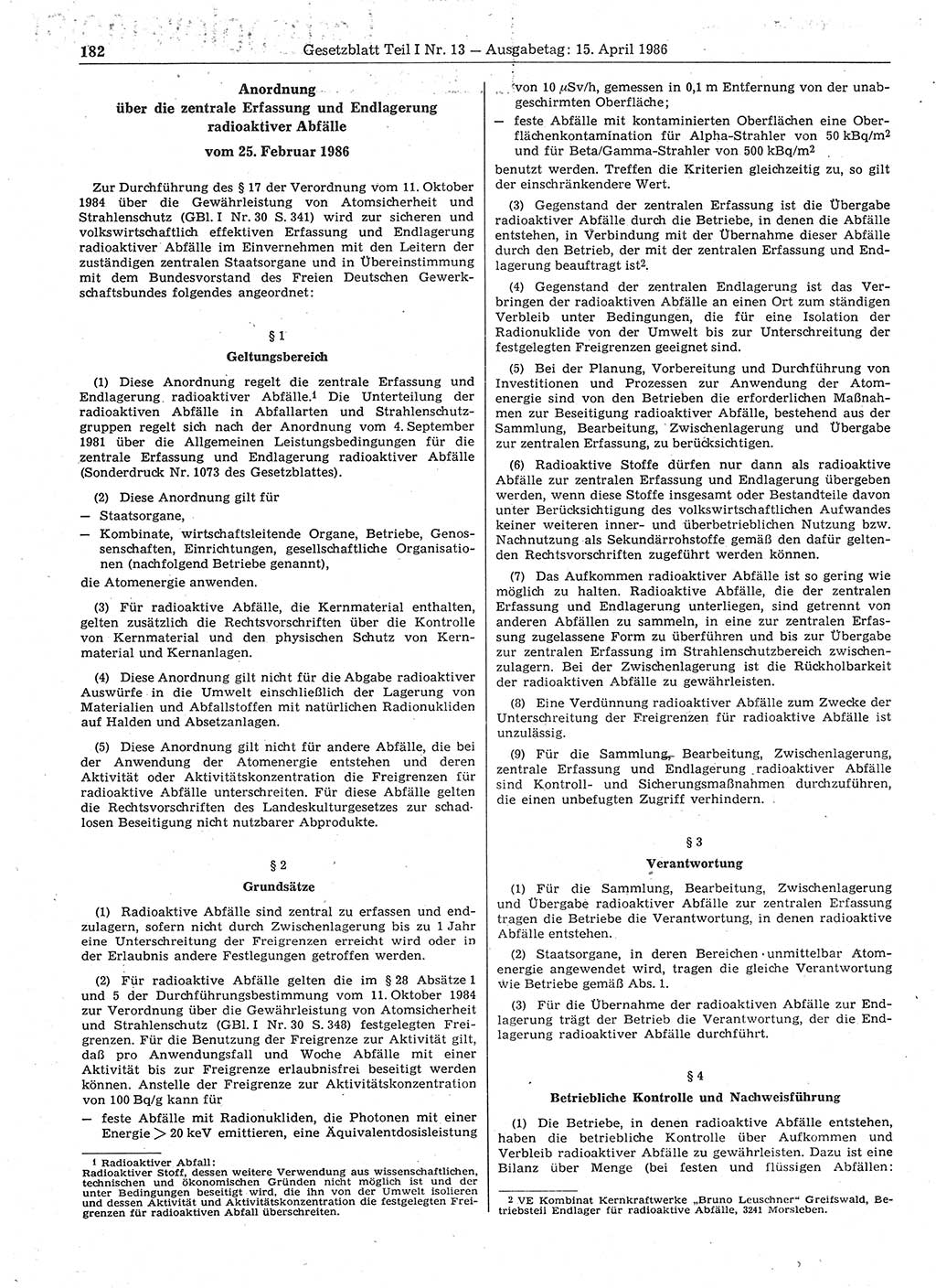 Gesetzblatt (GBl.) der Deutschen Demokratischen Republik (DDR) Teil Ⅰ 1986, Seite 182 (GBl. DDR Ⅰ 1986, S. 182)