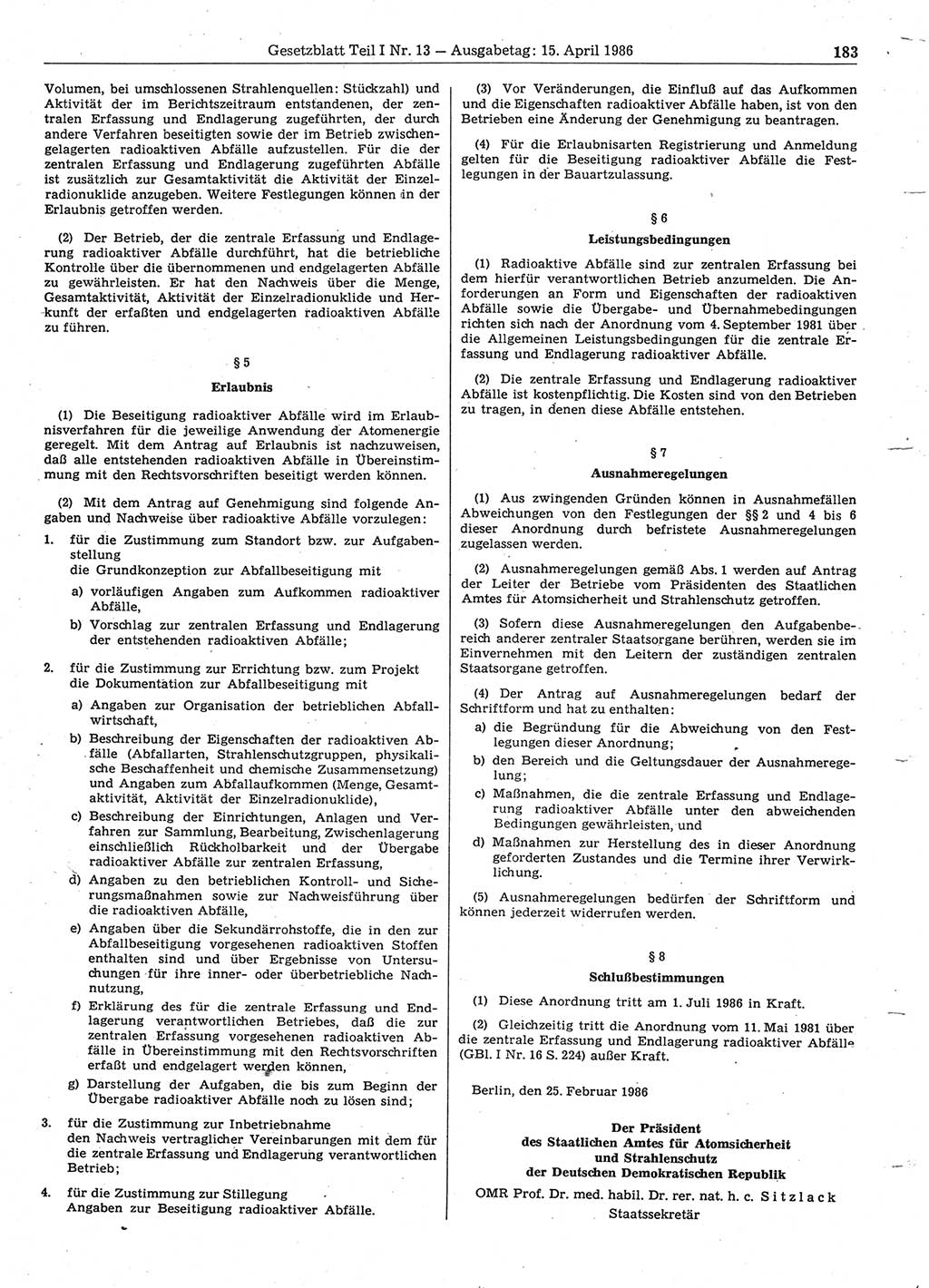 Gesetzblatt (GBl.) der Deutschen Demokratischen Republik (DDR) Teil Ⅰ 1986, Seite 183 (GBl. DDR Ⅰ 1986, S. 183)