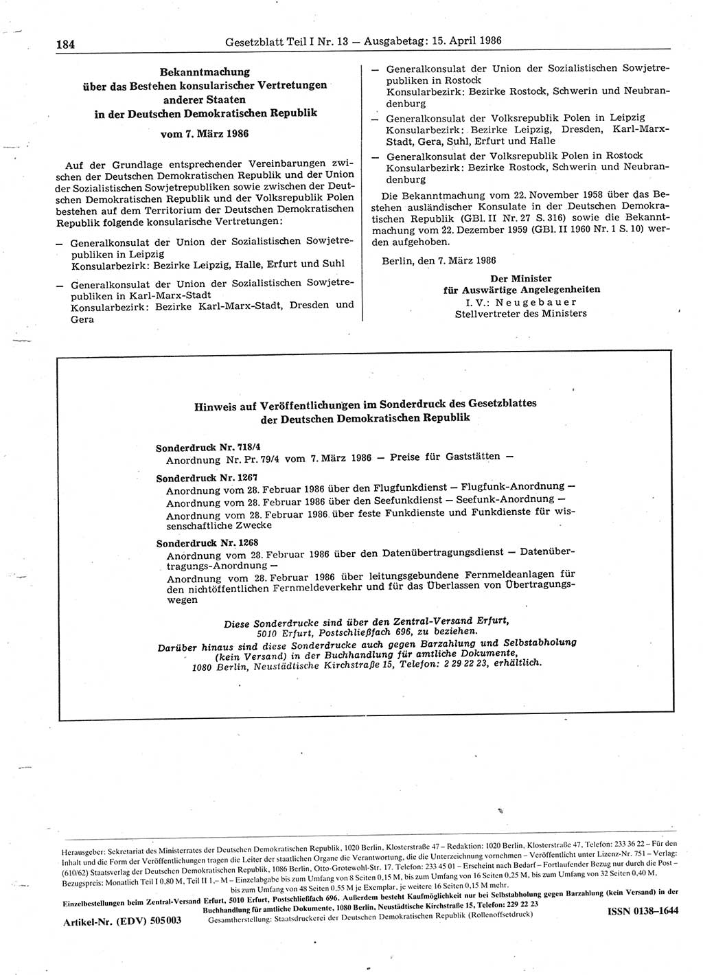Gesetzblatt (GBl.) der Deutschen Demokratischen Republik (DDR) Teil Ⅰ 1986, Seite 184 (GBl. DDR Ⅰ 1986, S. 184)