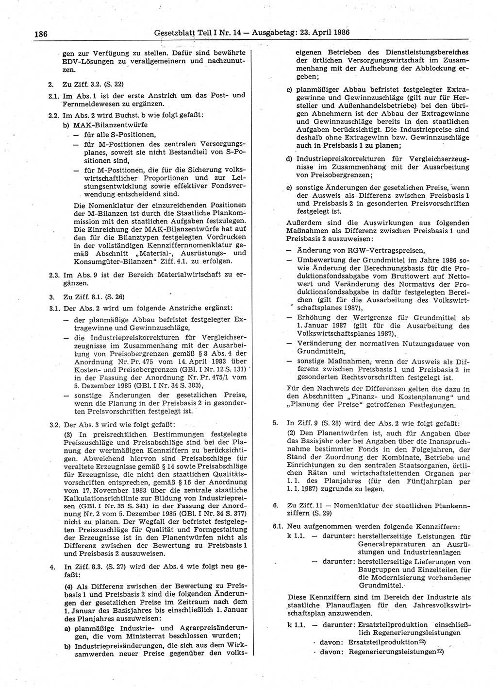 Gesetzblatt (GBl.) der Deutschen Demokratischen Republik (DDR) Teil Ⅰ 1986, Seite 186 (GBl. DDR Ⅰ 1986, S. 186)
