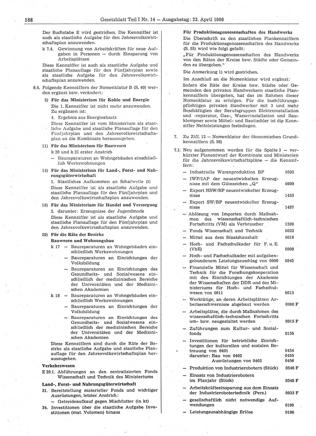 Gesetzblatt (GBl.) der Deutschen Demokratischen Republik (DDR) Teil Ⅰ 1986, Seite 188 (GBl. DDR Ⅰ 1986, S. 188)