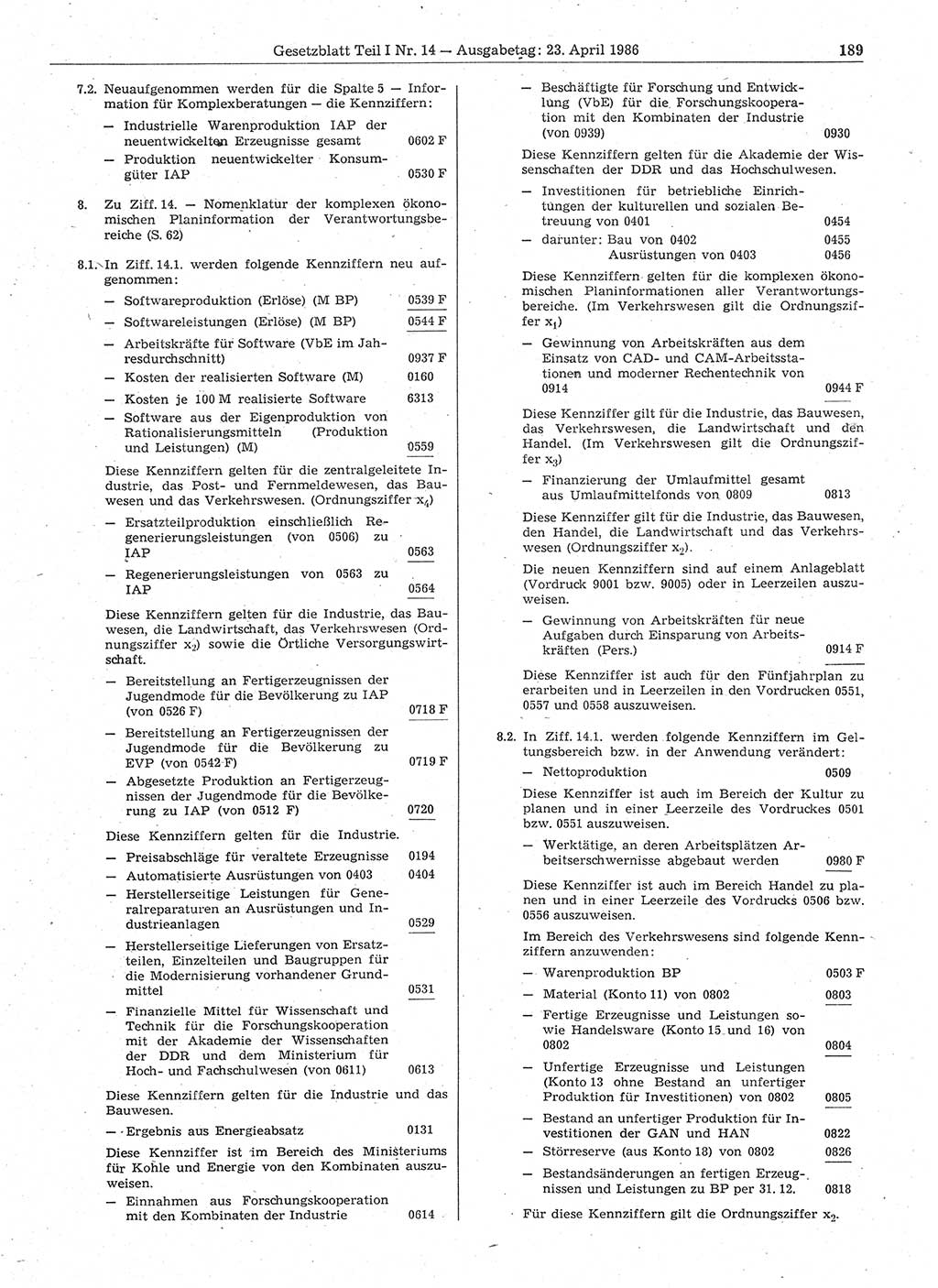 Gesetzblatt (GBl.) der Deutschen Demokratischen Republik (DDR) Teil Ⅰ 1986, Seite 189 (GBl. DDR Ⅰ 1986, S. 189)
